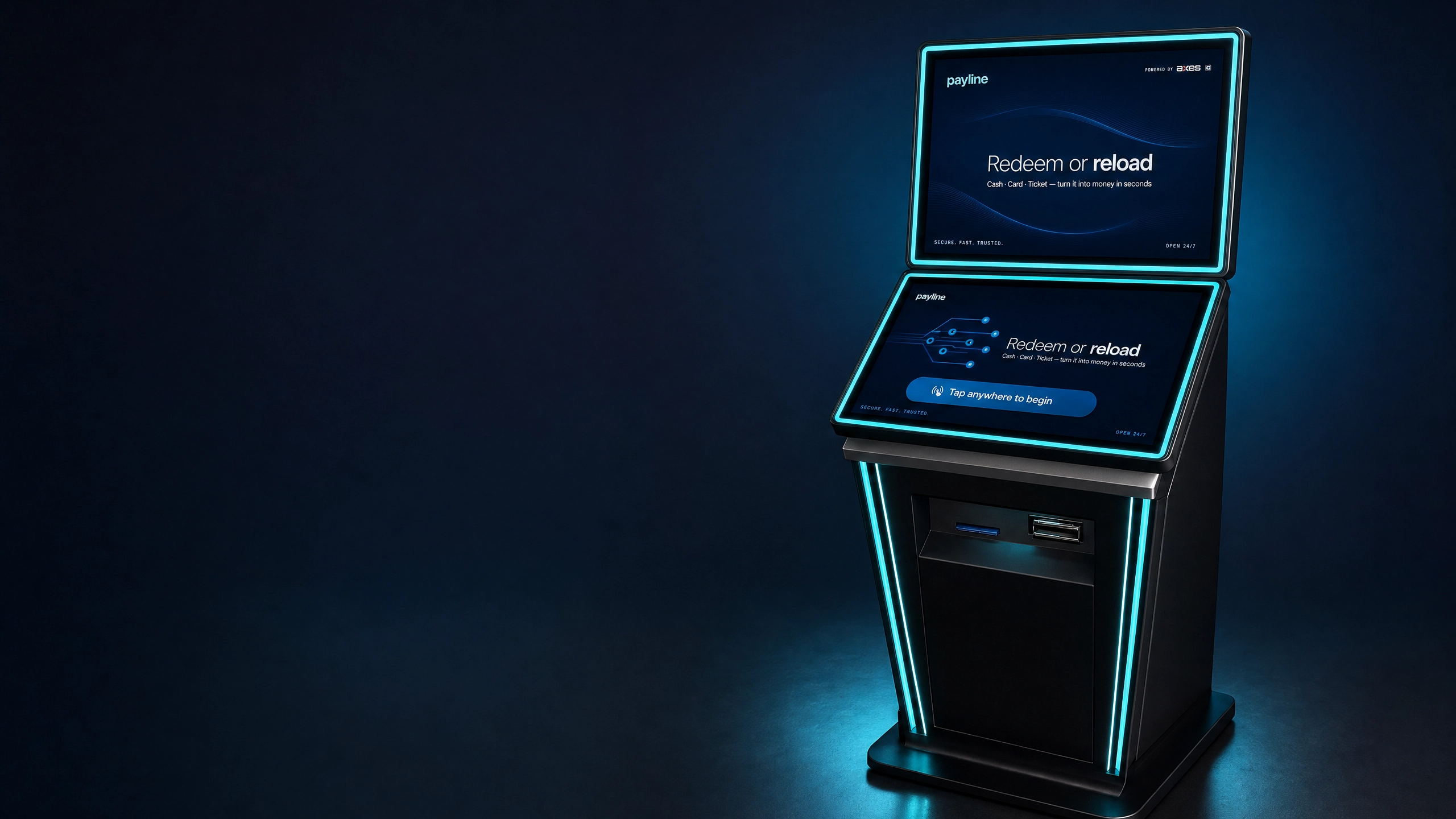 Payline gift card redemption kiosk for Georgia COAM locations — a dual-screen, cyan-edge-lit floor unit on the showroom floor, its upper screen running the live Payline attract display.